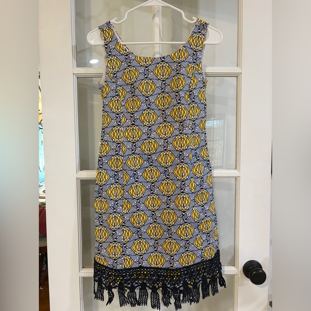 Jade Yellow and Black Geometric Mini Dress with Fringe Tassels Eclectic Style